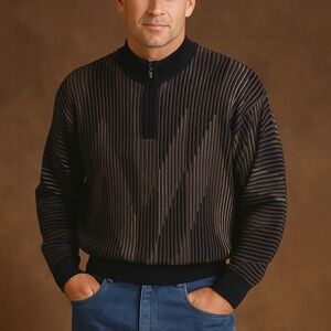 Vintage St. Croix Men’s Brown Black Ribbed 1/4 Zip Sweater